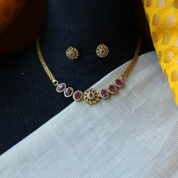 Antique white and ruby stone simple choker necklace with earrings CCB1098