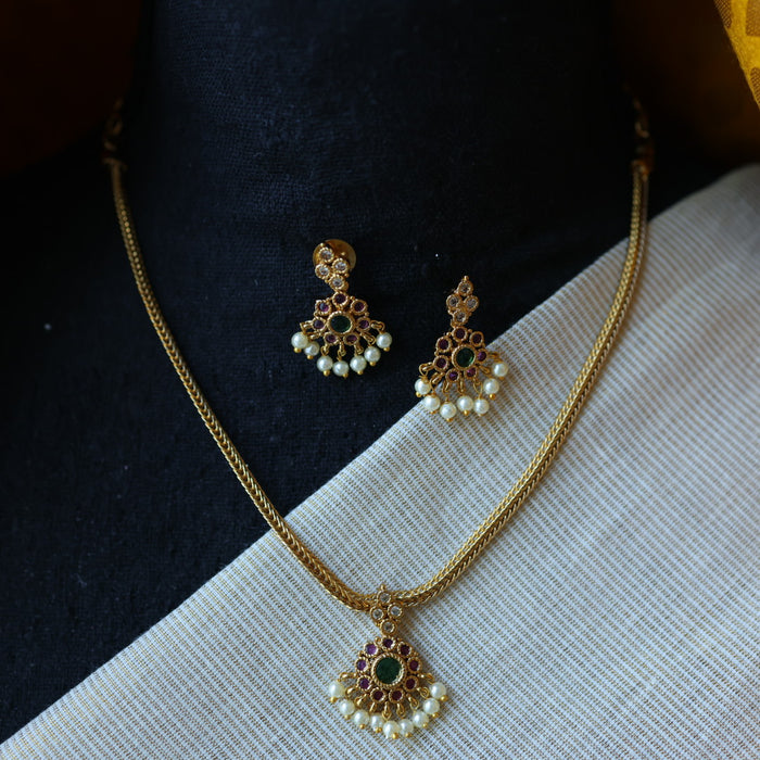 Antique ruby green stone simple short necklace with earrings TTS4900