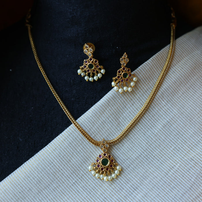 Antique ruby green stone simple short necklace with earrings TTS4900