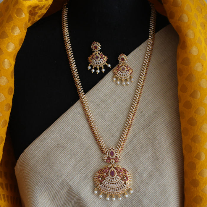 Heritage gold plated white stone long necklace with earrings HL58034