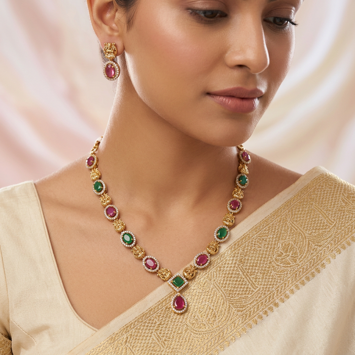 Antique ruby green stone temple short necklace with earrings TTS4359