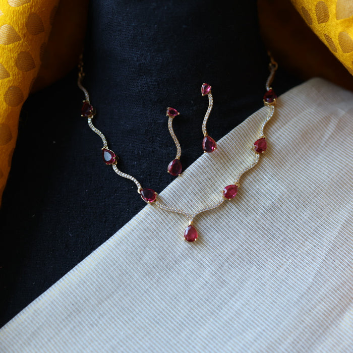 Antique white and ruby stone simple short necklace with earrings TTS4364