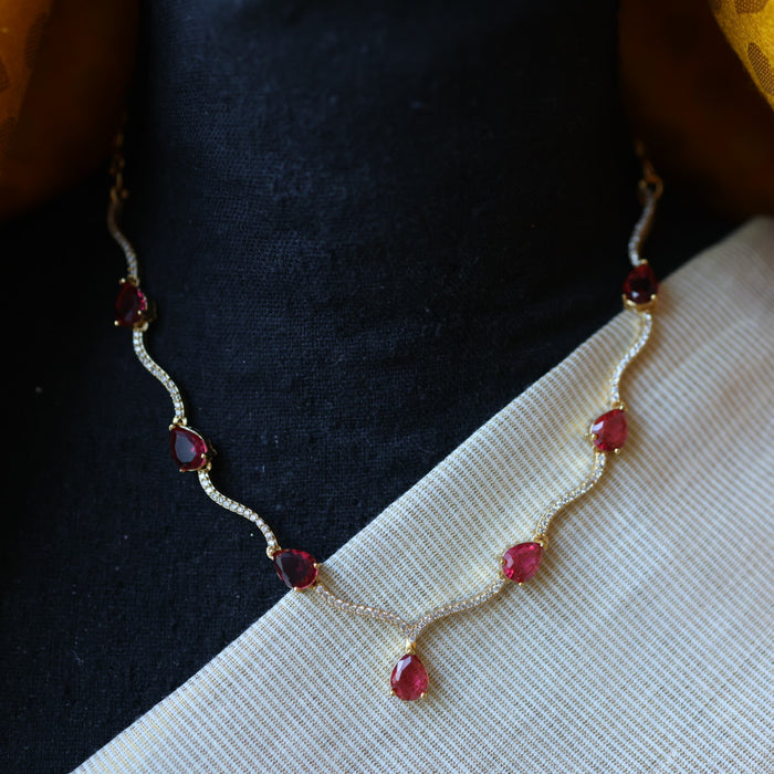 Antique white and ruby stone simple short necklace with earrings TTS4364