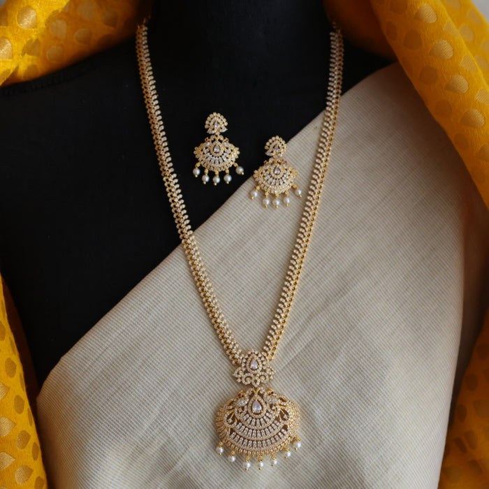 Heritage gold plated white stone long necklace with earrings HL00259