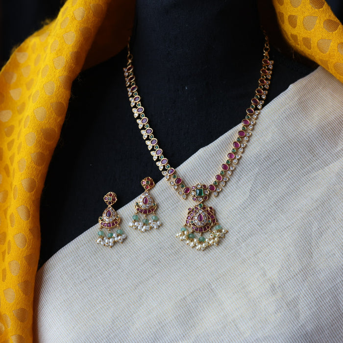 Antique green bead short necklace with earrings SS1090