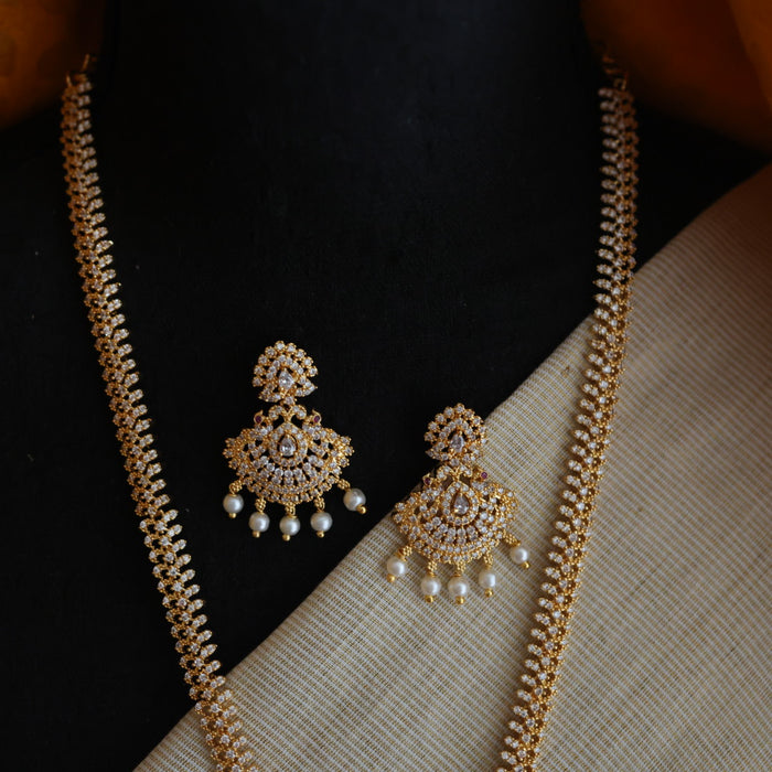 Heritage gold plated white stone long necklace with earrings HL00259