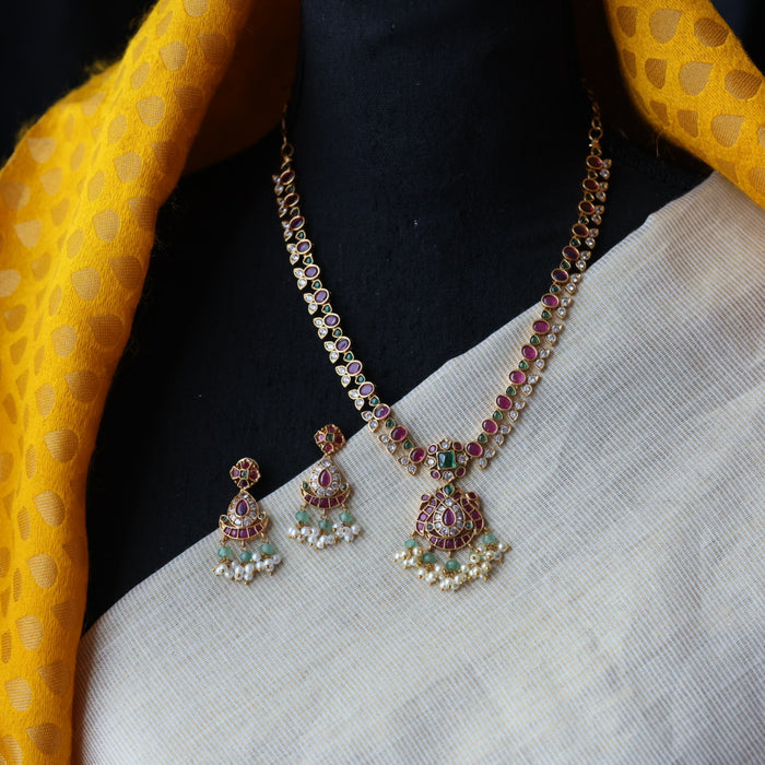 Antique green bead short necklace with earrings SS1090