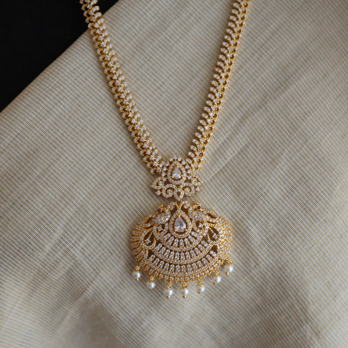Heritage gold plated white stone long necklace with earrings HL00259