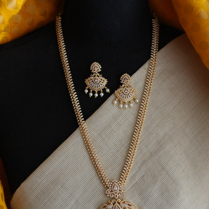 Heritage gold plated white stone long necklace with earrings HL00259
