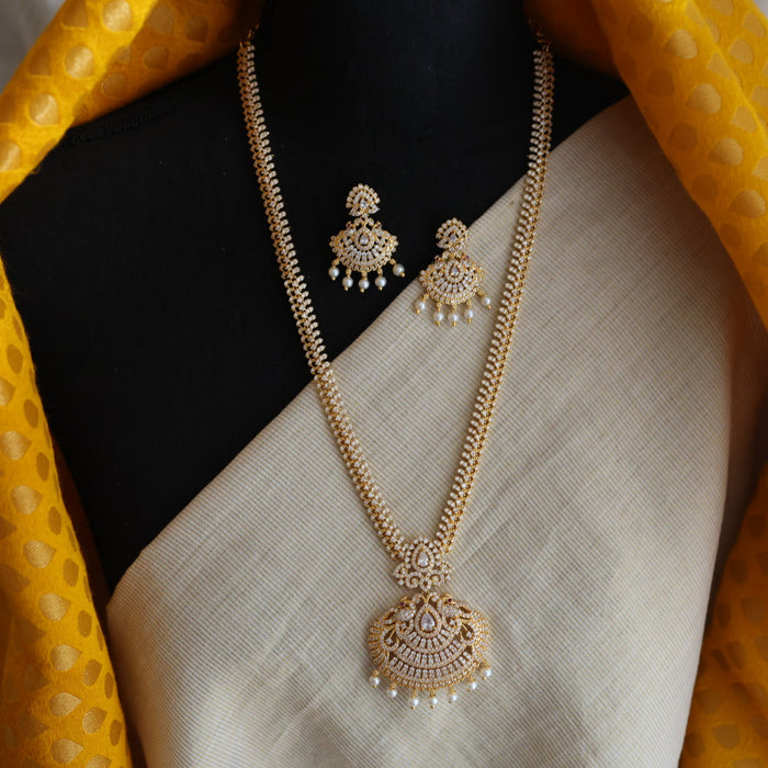 Heritage gold plated white stone long necklace with earrings HL00259