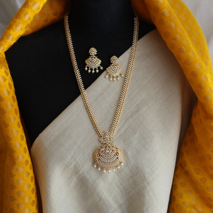 Heritage gold plated white stone long necklace with earrings HL00259