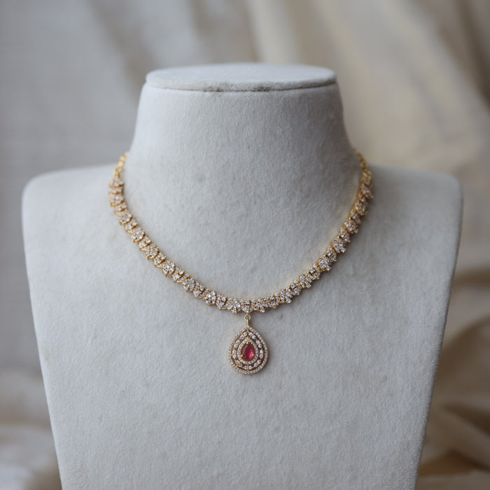 Heritage gold plated ruby white stone short necklace with earrings H190