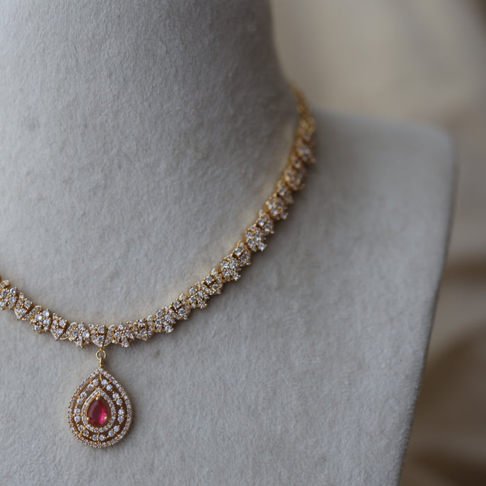 Heritage gold plated ruby white stone short necklace with earrings H190
