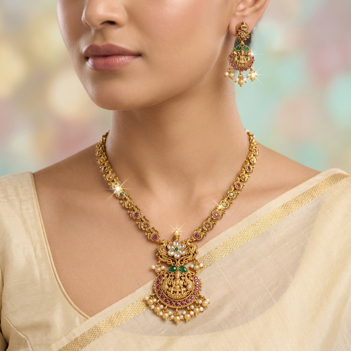 Antique temple design stone short necklace with earrings S1B20092