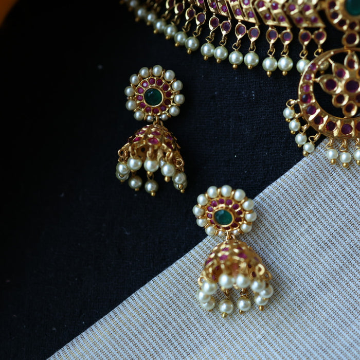 Antique ruby green stone choker necklace with earrings RUB9800
