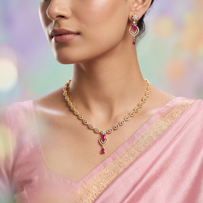 Heritage gold plated ruby white stone short necklace with earrings H7883