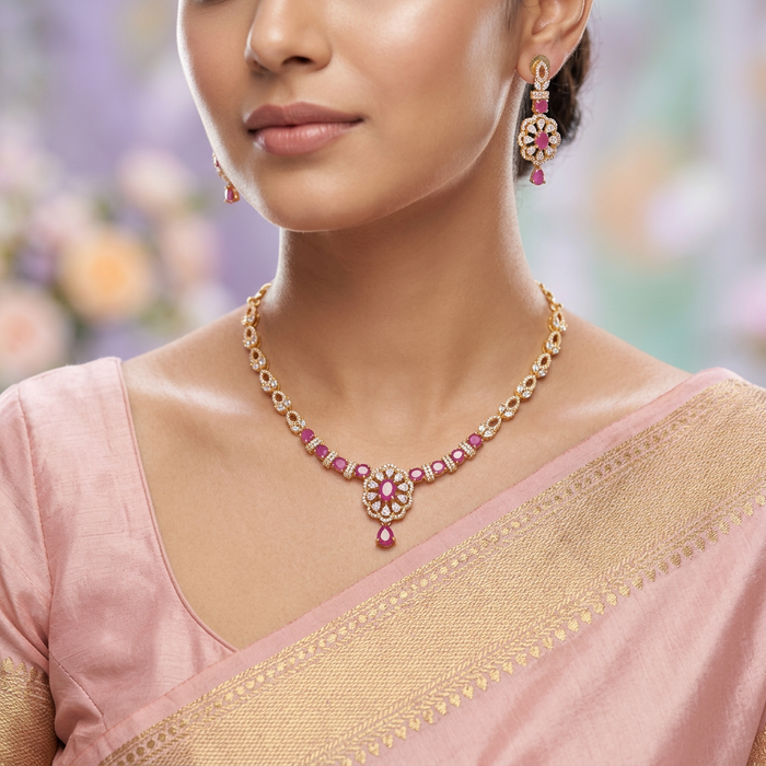 Heritage gold plated ruby white stone short necklace with earrings H521