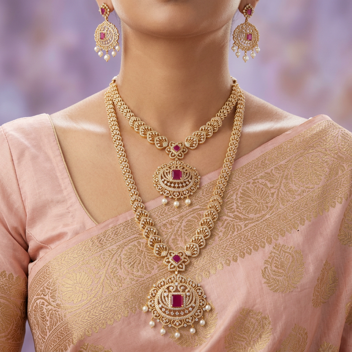 Heritage gold plated ruby white stone padakam necklace set with earrings HLS376