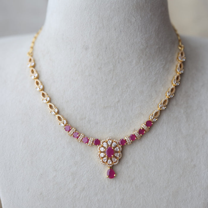 Heritage gold plated ruby white stone short necklace with earrings H521