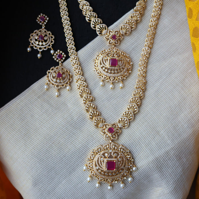 Heritage gold plated ruby white stone padakam necklace set with earrings HLS376