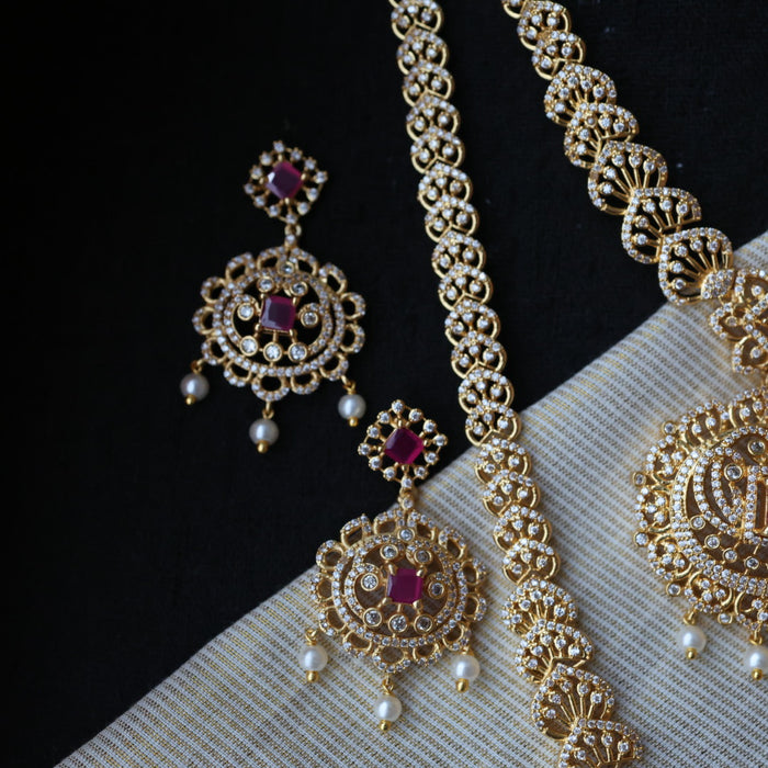 Heritage gold plated ruby white stone padakam necklace set with earrings HLS376