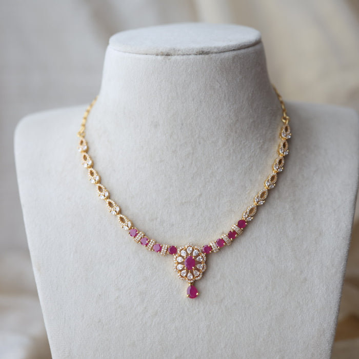 Heritage gold plated ruby white stone short necklace with earrings H521