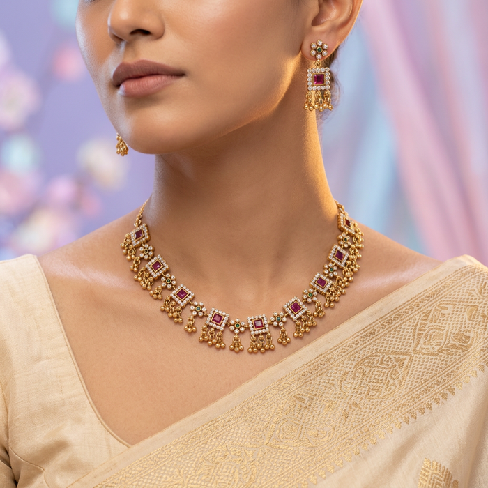 Antique white and ruby stone short necklace with earrings TTS4800