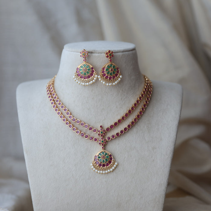 Heritage gold plated ruby green stone layer short necklace H1789