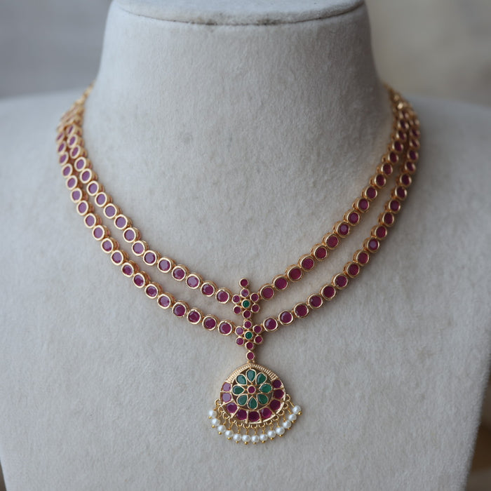 Heritage gold plated ruby green stone layer short necklace H1789