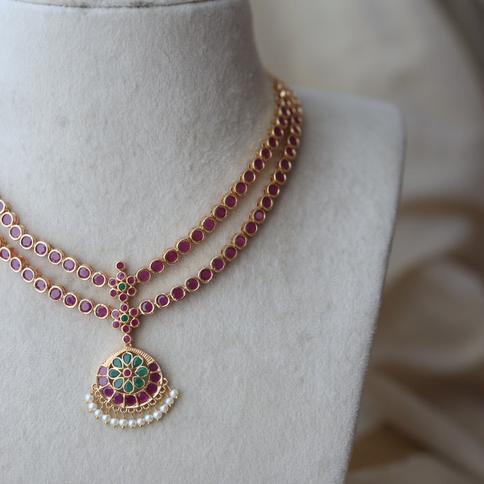 Heritage gold plated ruby green stone layer short necklace H1789