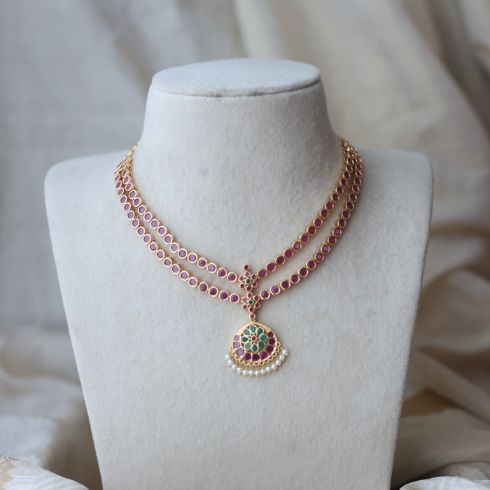 Heritage gold plated ruby green stone layer short necklace H1789