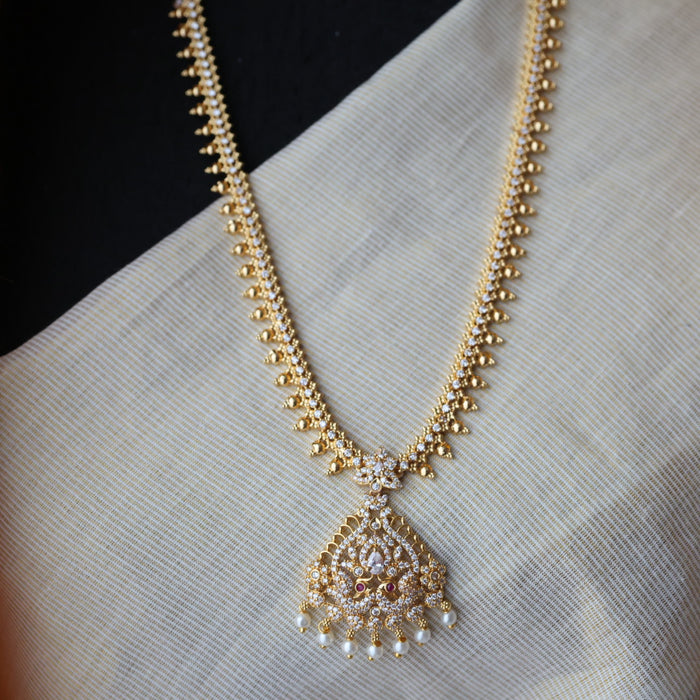 Heritage gold plated white stone and pearl long and short necklace HLS003