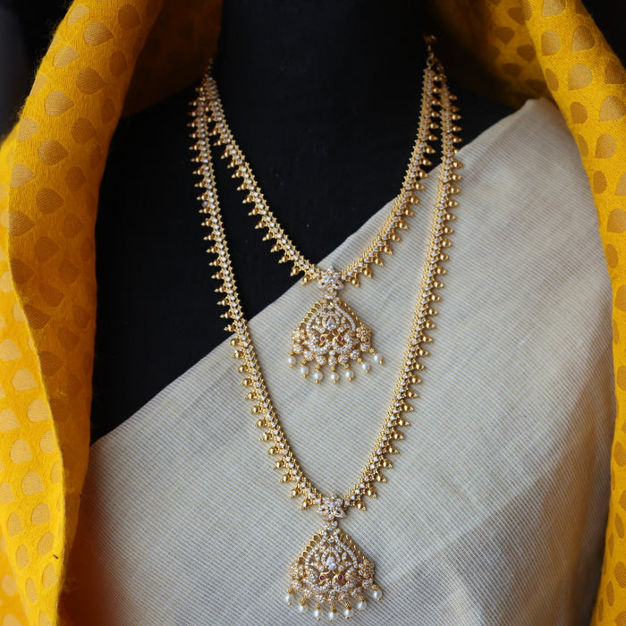 Heritage gold plated white stone and pearl long and short necklace HLS003