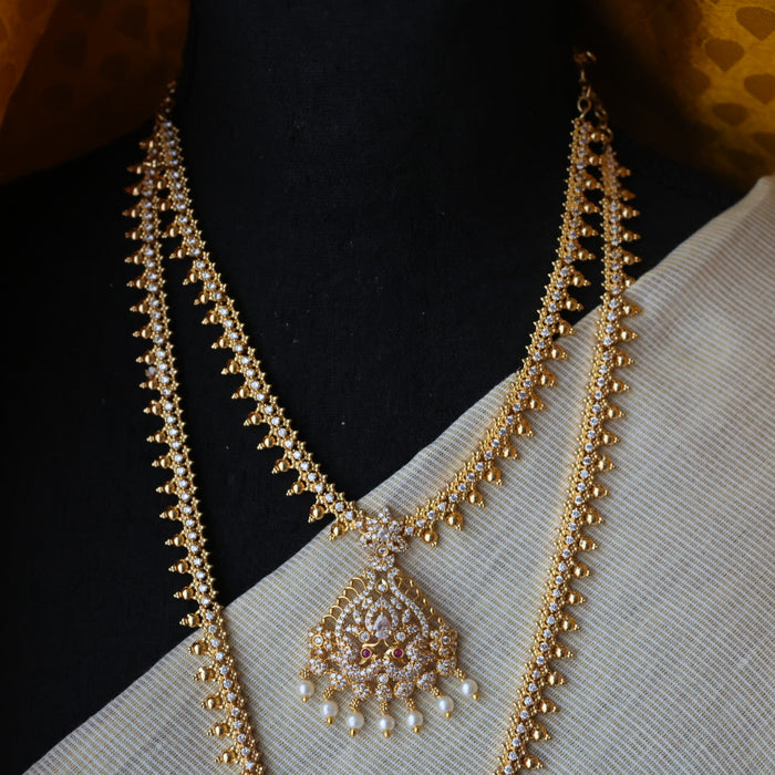 Heritage gold plated white stone and pearl long and short necklace HLS003