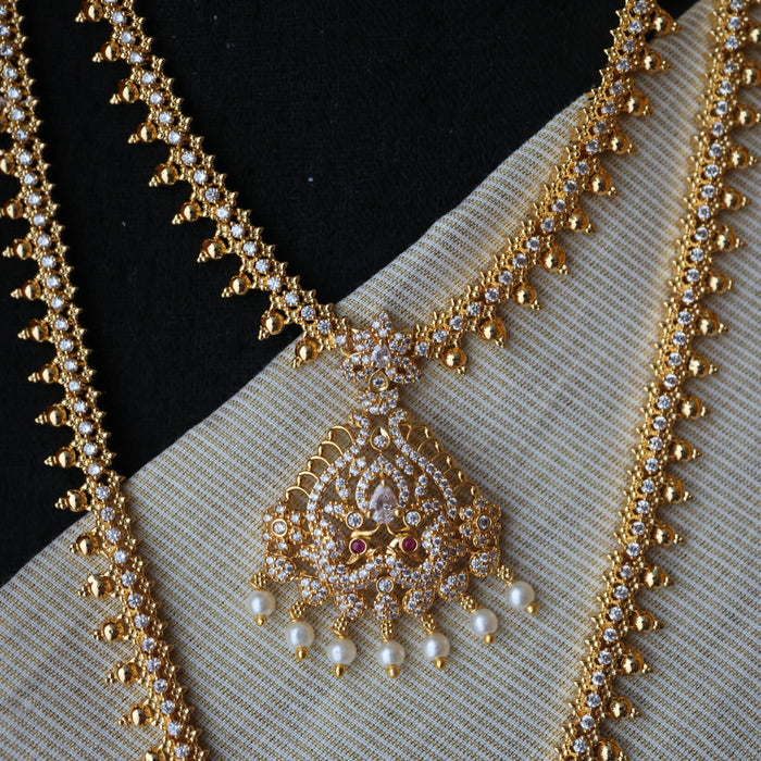 Heritage gold plated white stone and pearl long and short necklace HLS003