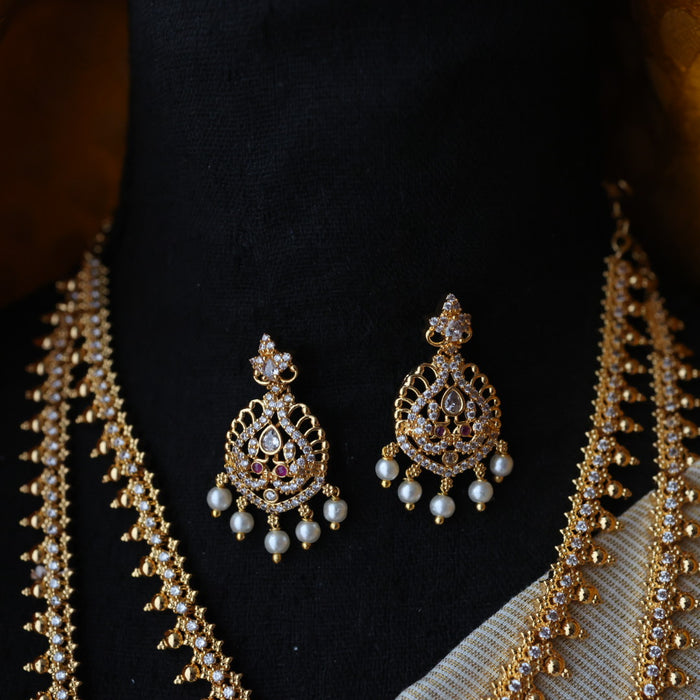 Heritage gold plated white stone and pearl long and short necklace HLS003