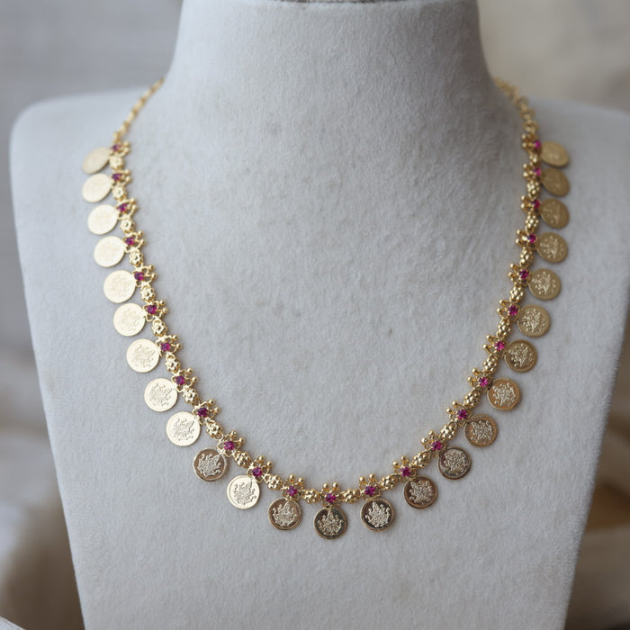Heritage gold plated ruby stone coin design short necklace H922