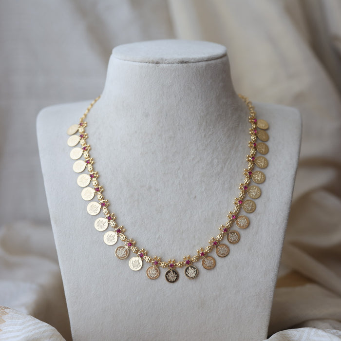 Heritage gold plated ruby stone coin design short necklace H922