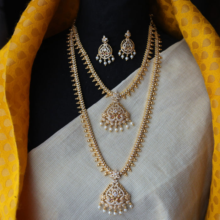 Heritage gold plated white stone and pearl long and short necklace HLS003