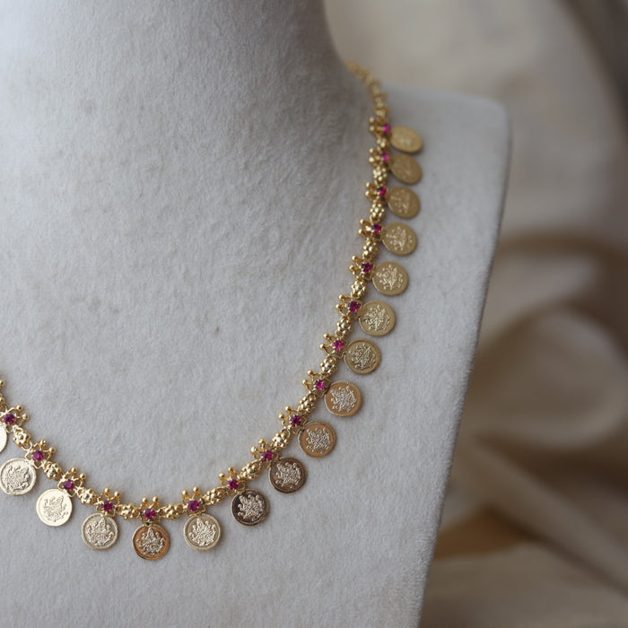 Heritage gold plated ruby stone coin design short necklace H922