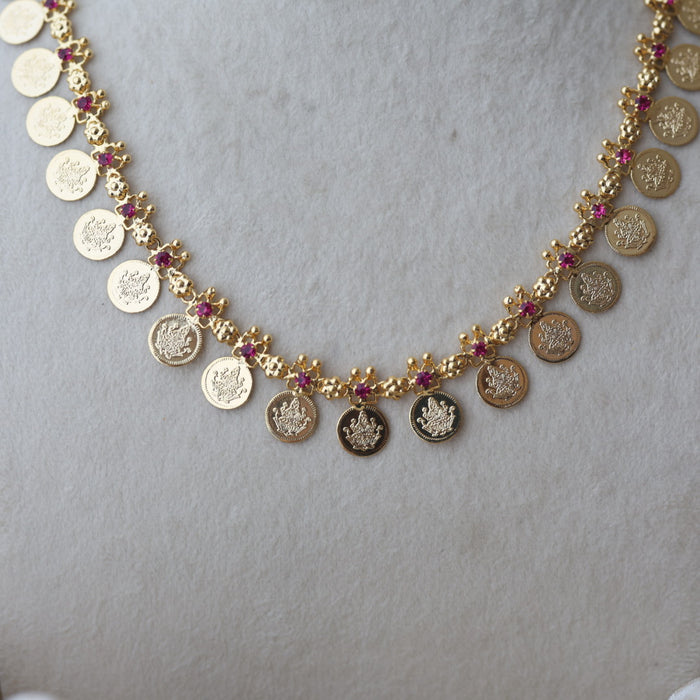 Heritage gold plated ruby stone coin design short necklace H922