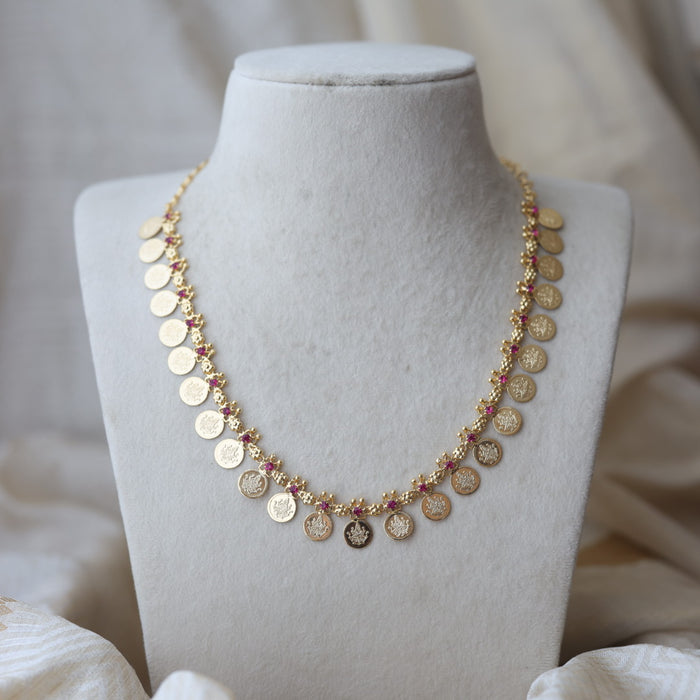Heritage gold plated ruby stone coin design short necklace H922