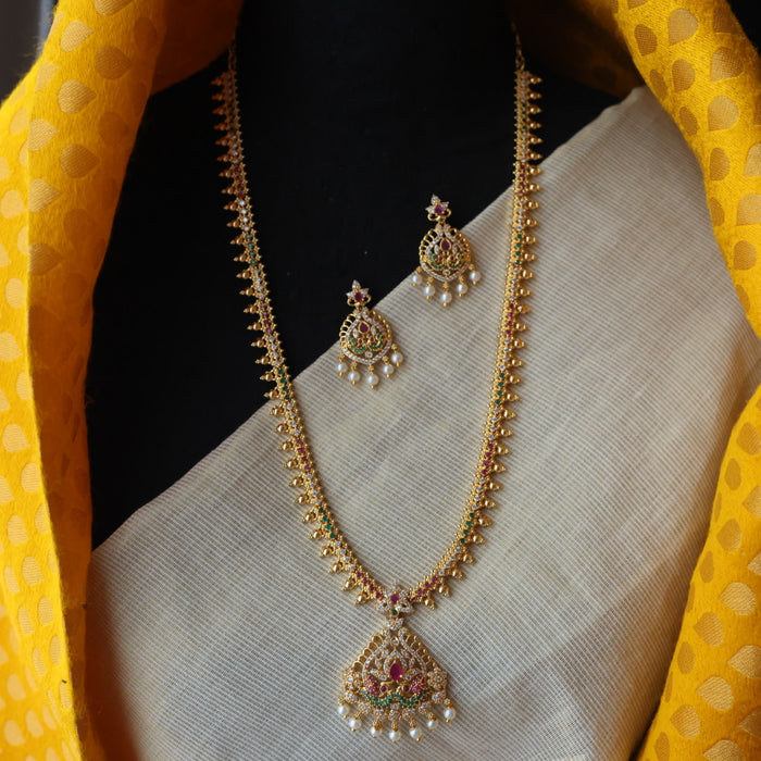 Heritage gold plated ruby white stone long necklace with earrings HL576