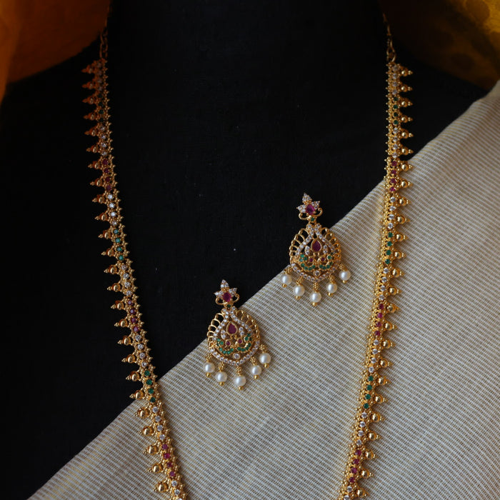 Heritage gold plated ruby white stone long necklace with earrings HL576