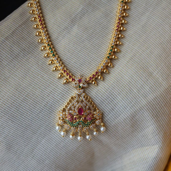 Heritage gold plated ruby white stone long necklace with earrings HL576