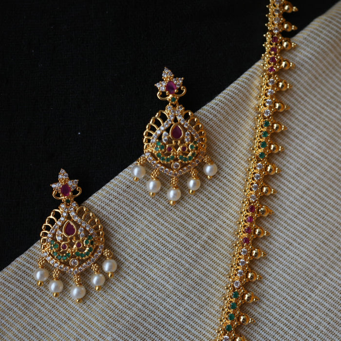 Heritage gold plated ruby white stone long necklace with earrings HL576