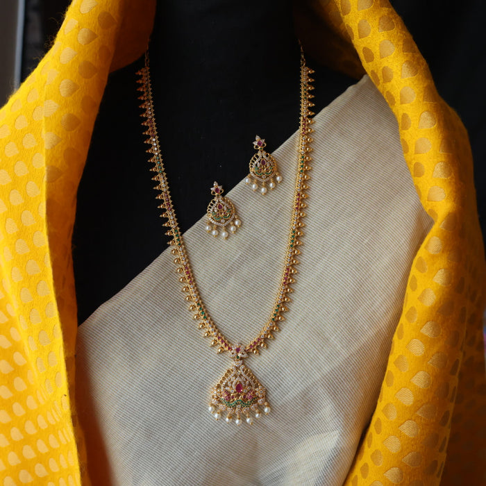 Heritage gold plated ruby white stone long necklace with earrings HL576