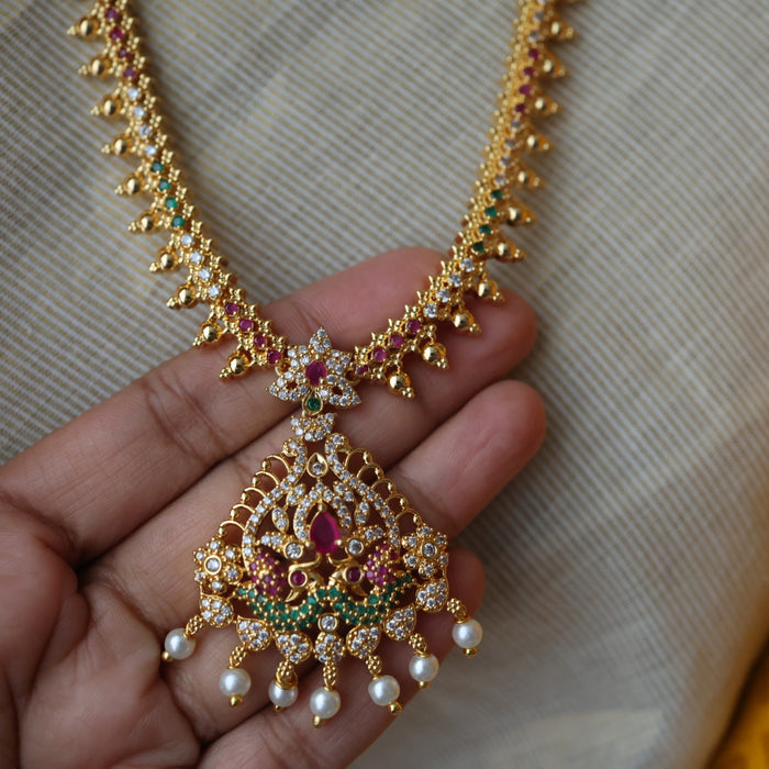 Heritage gold plated ruby white stone long necklace with earrings HL576