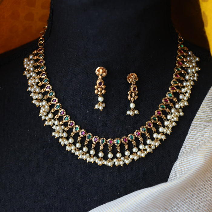 Antique ruby green pearl short necklace with earrings TT020349