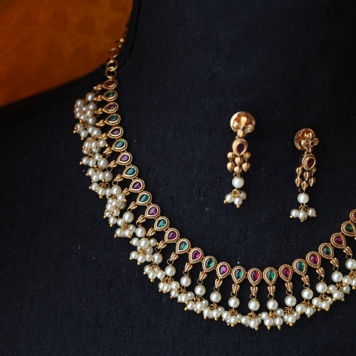 Antique ruby green pearl short necklace with earrings TT020349